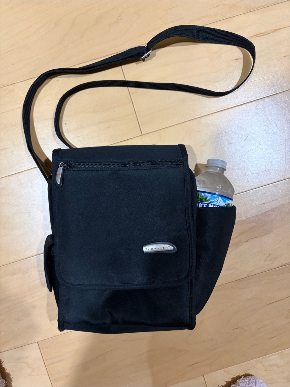 Travelon Black Crossbody Travel Bag with Bottle Pocket like new !